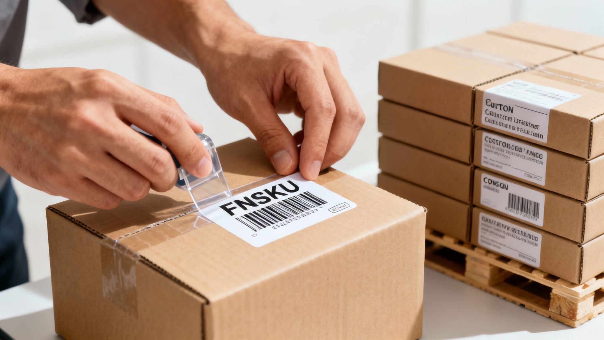 A person applying a FNSKU barcode label to a brown cardboard box, with stacked boxes in the background.