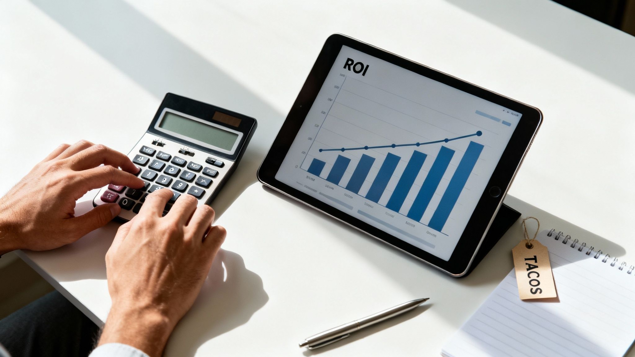 Hands using a calculator beside a tablet showing an ROI graph, with a pen and 'TACOS' tag on a notepad.