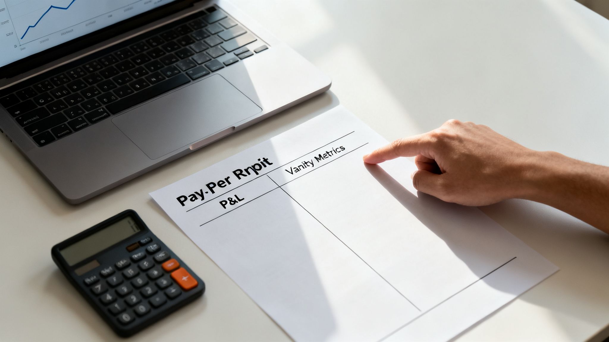 A person's hand points at a marketing report titled 'Vanity Metrics' next to a laptop and calculator on a white desk.