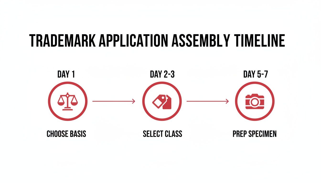Timeline illustrating the trademark application assembly process, detailing steps: choose basis, select class, and prepare specimen.