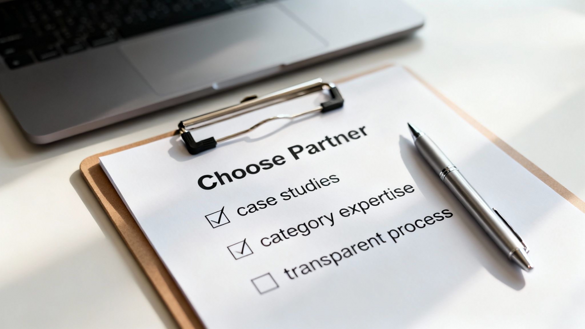 A checklist titled 'Choose Partner' with 'case studies' and 'category expertise' checked, on a desk with a laptop.