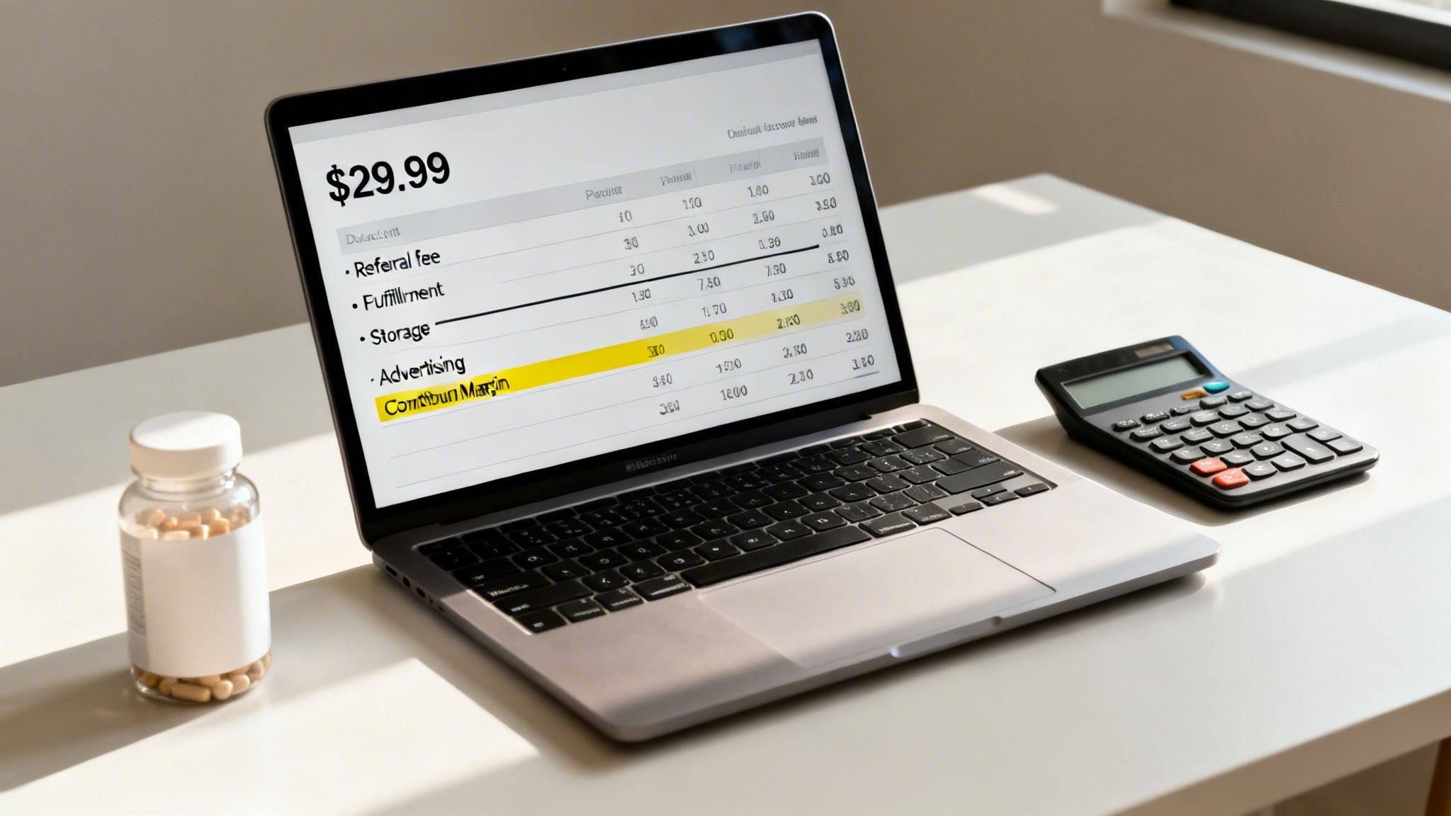 Laptop screen displaying a financial breakdown with costs like referral fees and advertising, alongside a calculator and pill bottle.