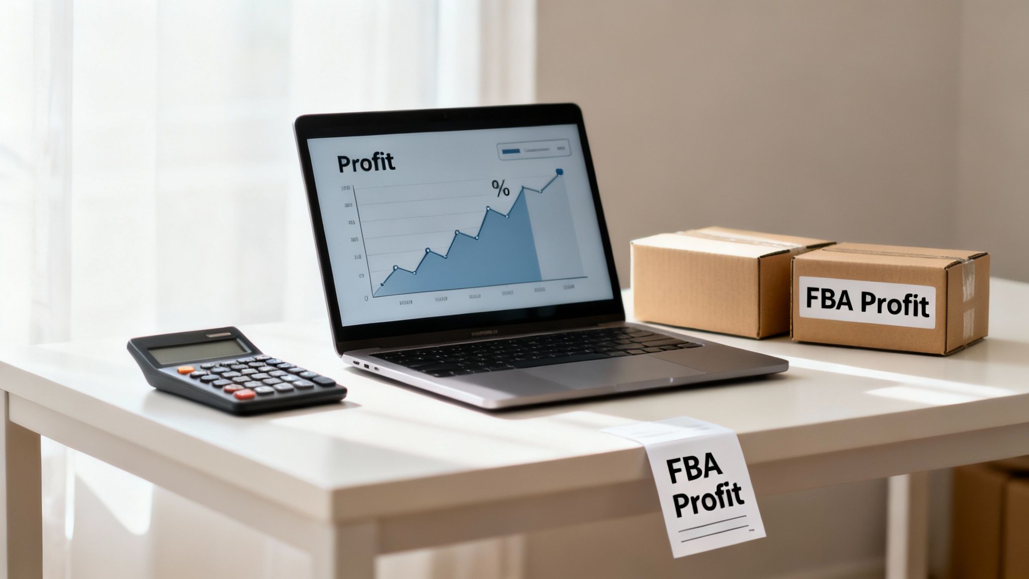 A desk with a laptop displaying a profit graph, calculator, and Amazon FBA labeled boxes, signifying e-commerce business analysis.