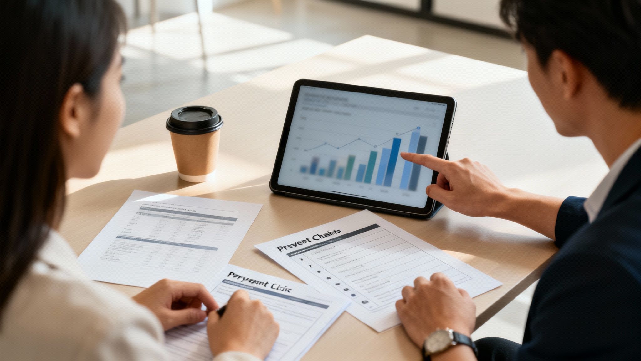 Colleagues collaborating on a tablet and paper documents, discussing business growth and strategy.