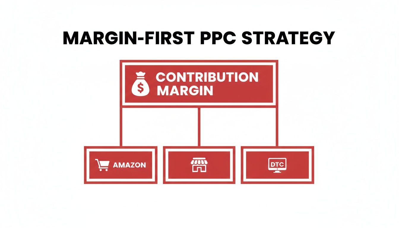 Diagram illustrating a margin-first PPC strategy with contribution margin leading to Amazon, store, and DTC channels.