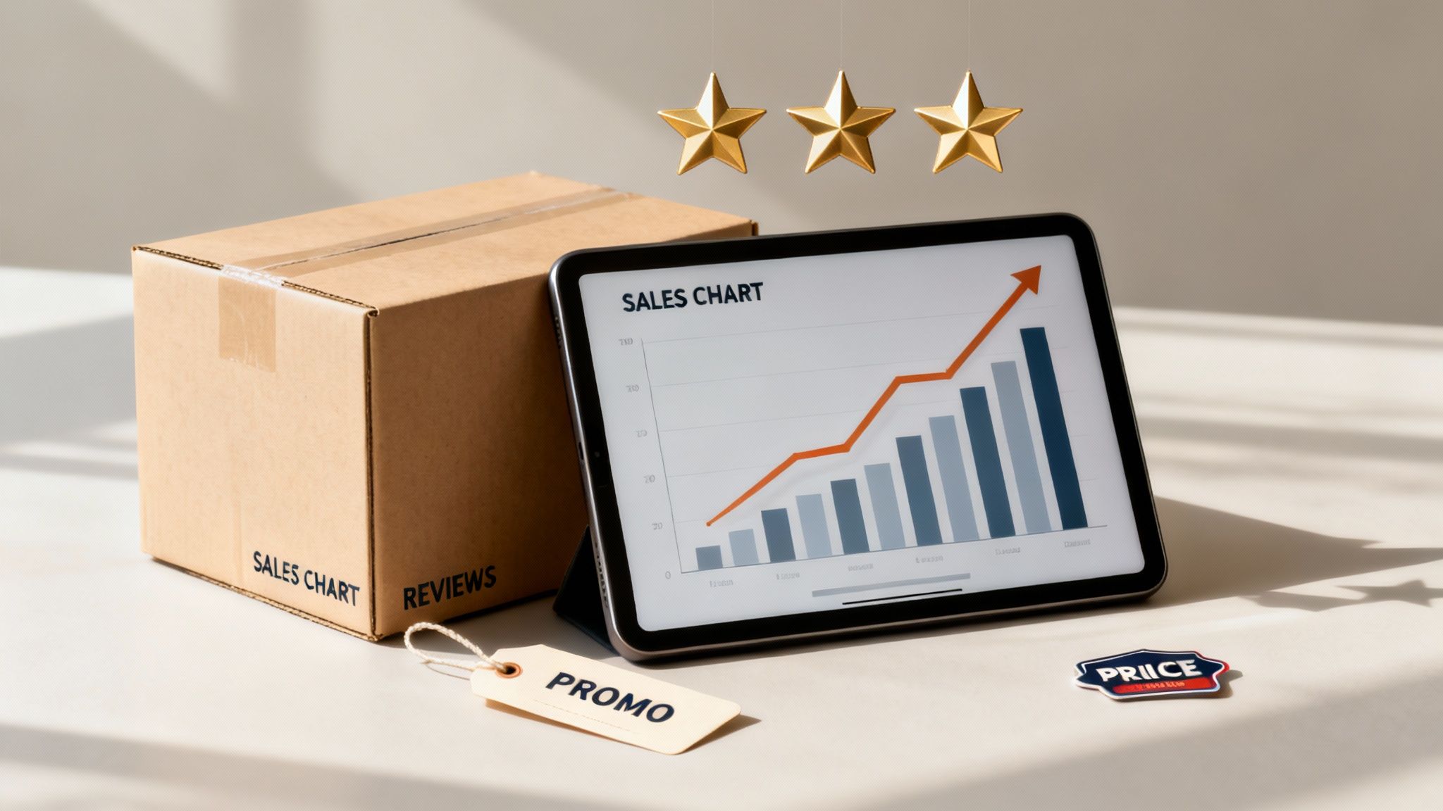 A tablet displays a sales chart next to a brown box, promo tag, and three stars, symbolizing product listing optimization.