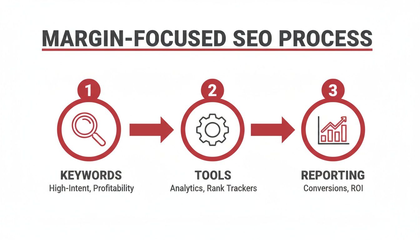 Diagram illustrating a three-step margin-focused SEO process for keywords, tools, and reporting.