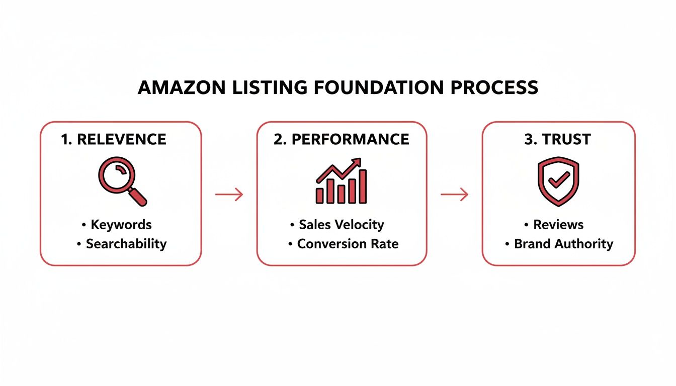 Amazon listing foundation process with three key steps: relevance, performance, and trust for success.