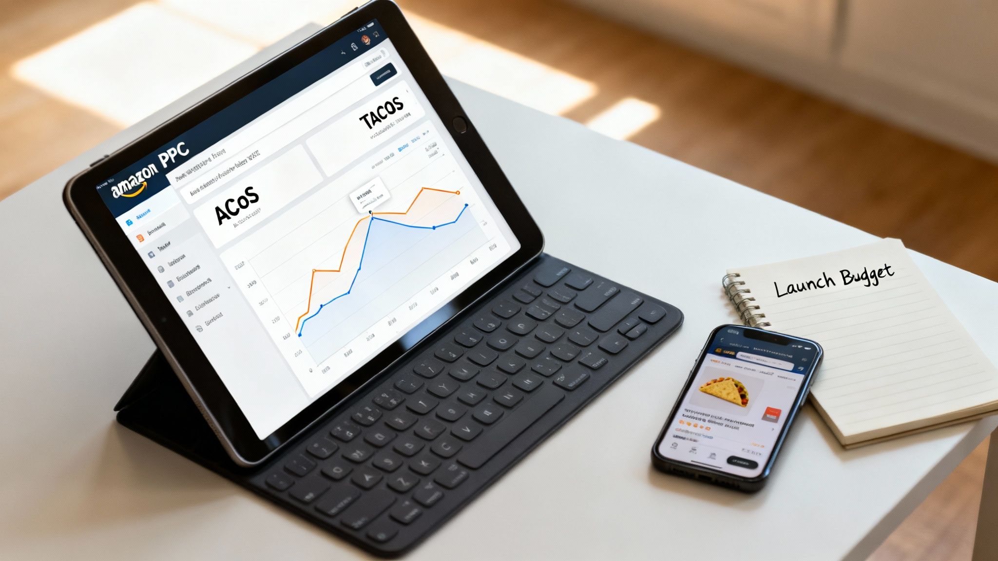 Amazon PPC dashboard on a tablet, a smartphone with a taco product, and a 'Launch Budget' notebook on a desk.