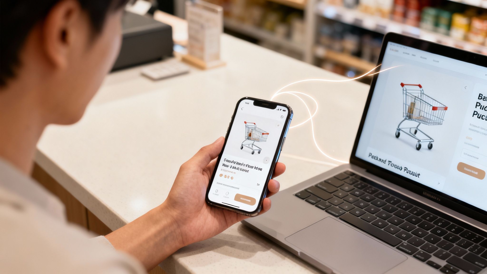 A person holds a smartphone displaying a shopping cart, synchronized with a laptop in a retail store.