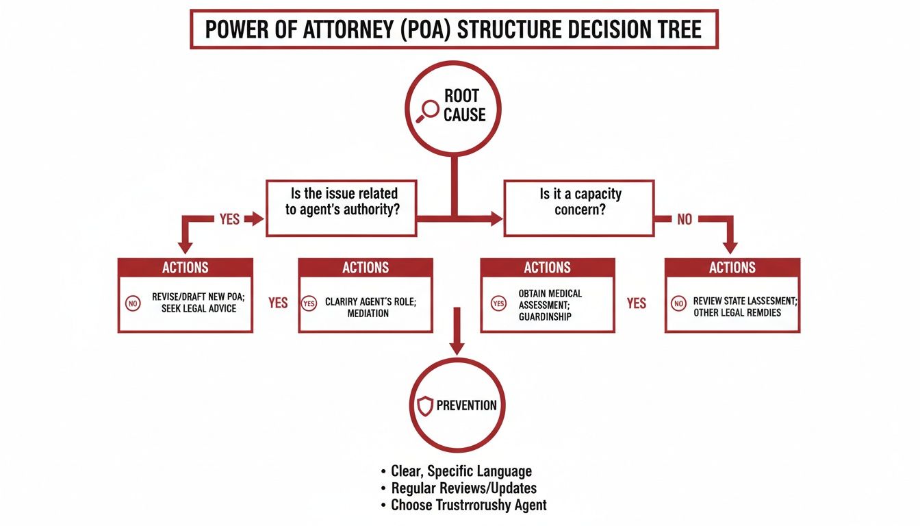 A Power of Attorney (POA) decision tree showing root causes, questions, actions, and prevention strategies.
