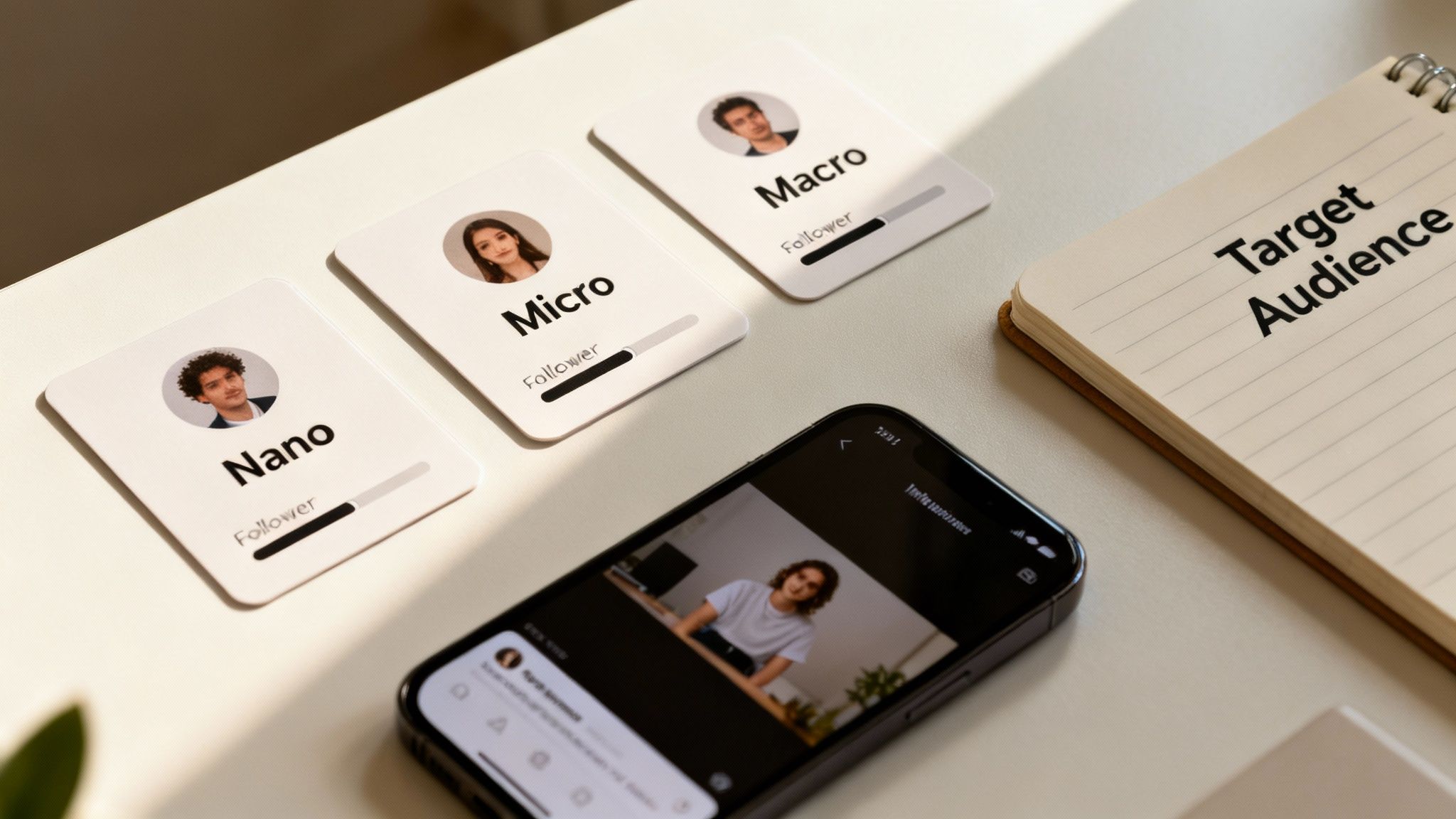 Cards for Nano, Micro, and Macro influencers, a smartphone, and a notebook on target audience.