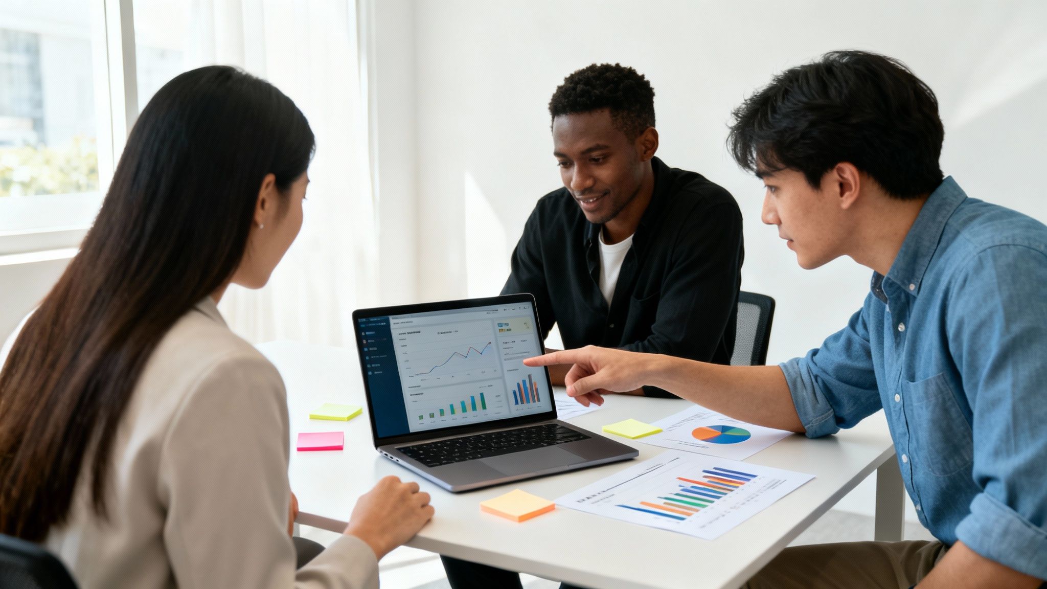 Three diverse colleagues analyzing data and charts on a laptop during a business meeting.