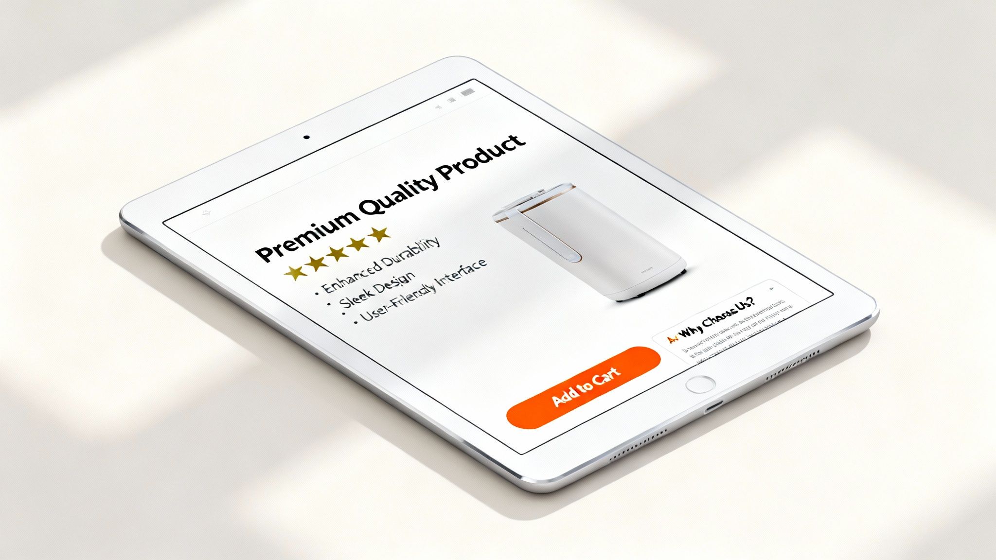 White tablet displaying an e-commerce product page with a 5-star rated, sleek white gadget and an 'Add to Cart' button.