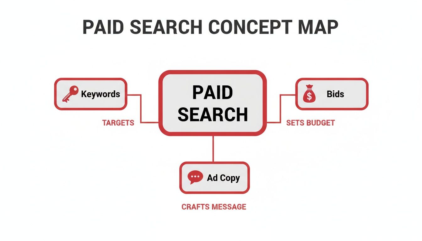 A paid search concept map illustrating keywords, bids, and ad copy as key components.