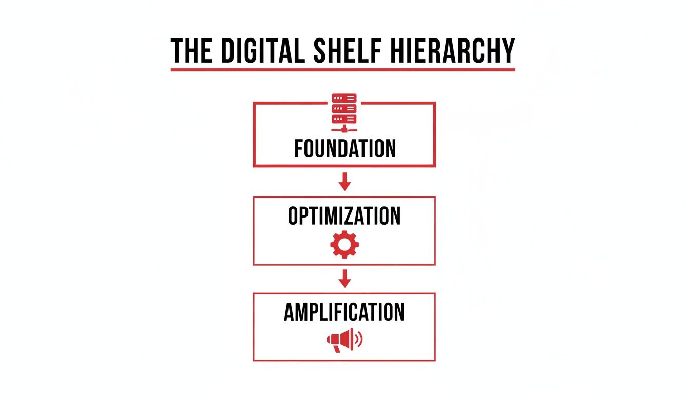 A three-level diagram illustrating the digital shelf hierarchy: Foundation, Optimization, and Amplification.