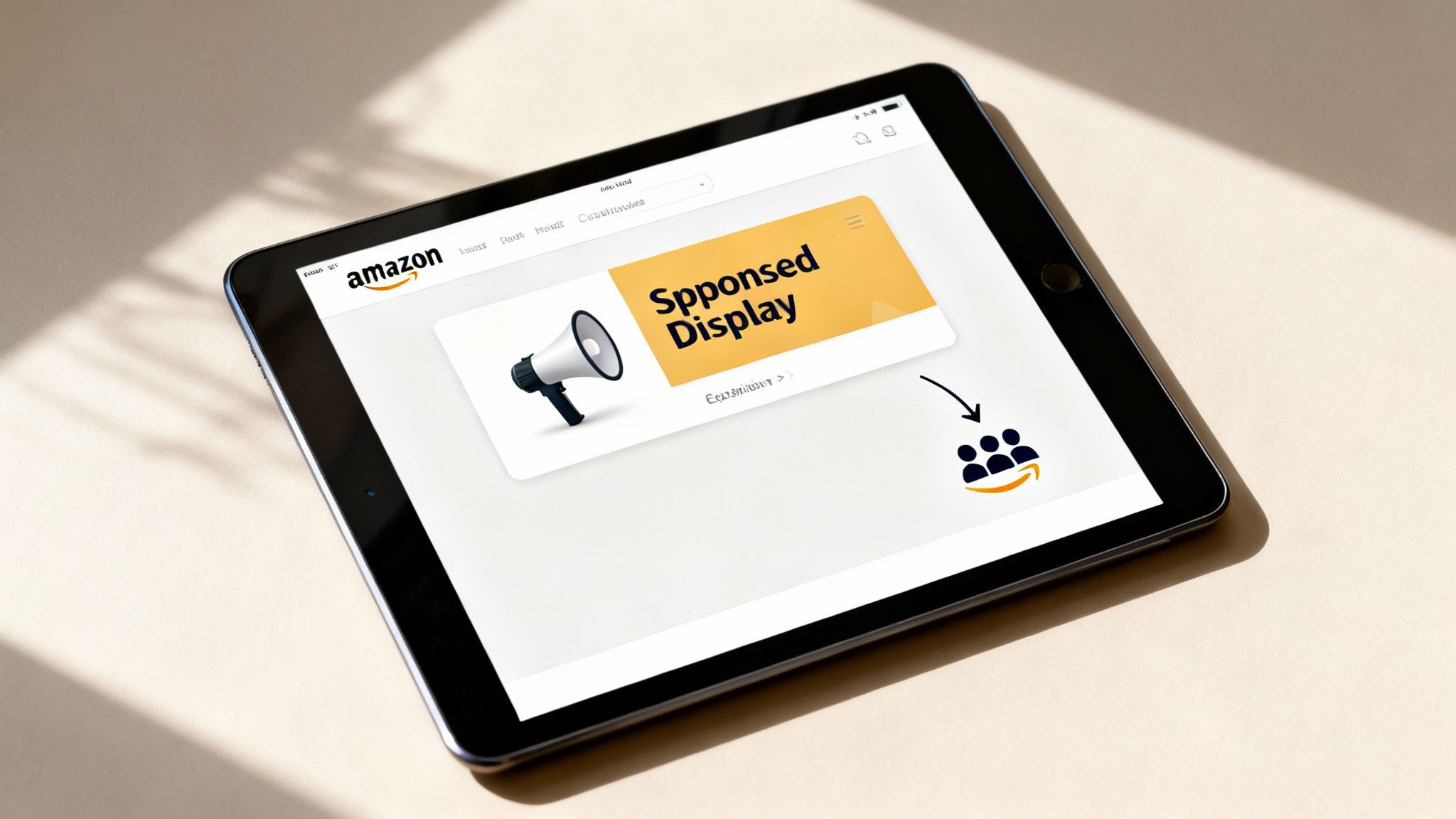 A tablet displaying Amazon's ad platform interface, highlighting 'Sponsored Display' with megaphone and audience icons.