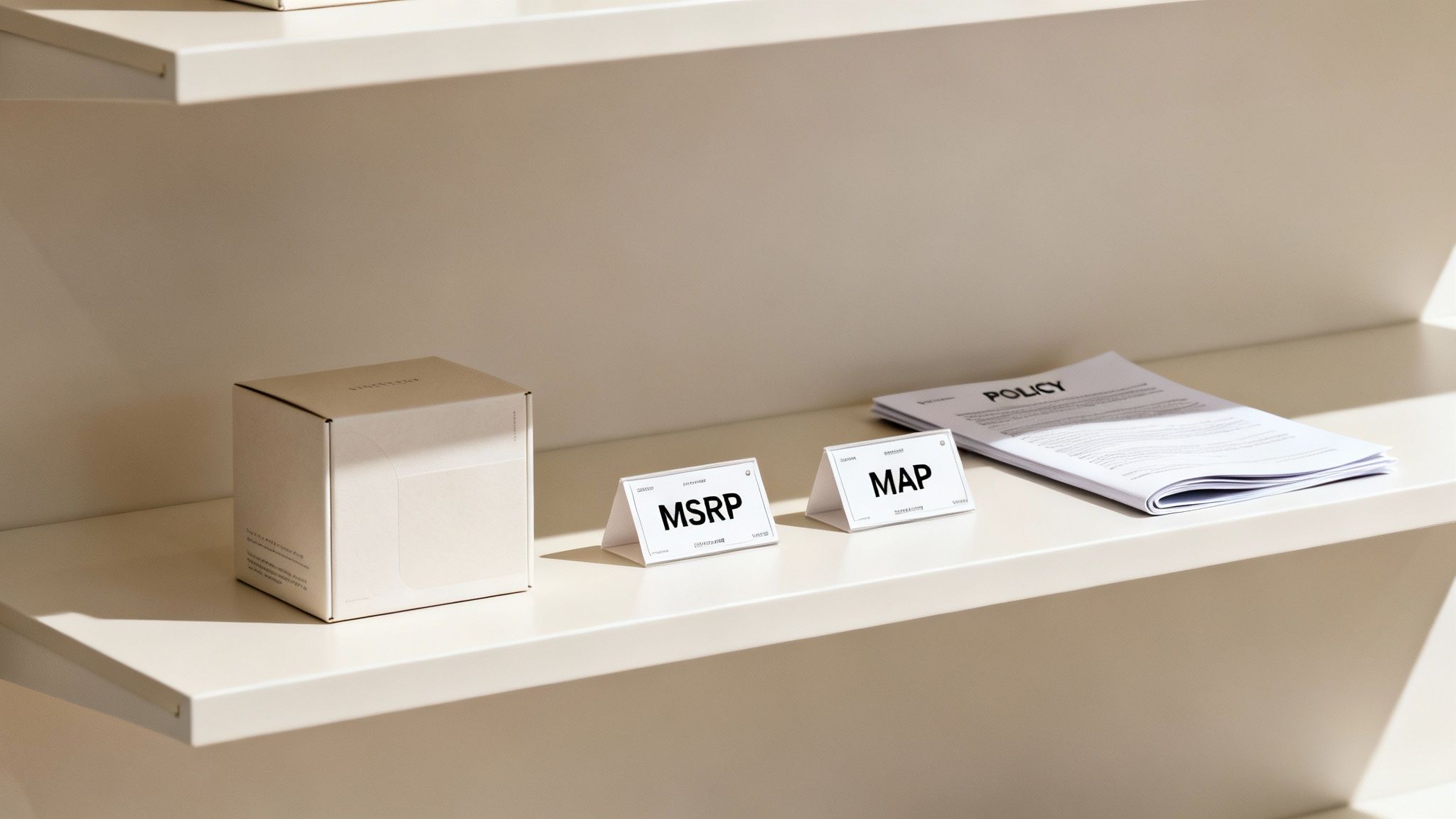 A minimalist product box, MSRP and MAP signs, and a policy document on a light retail shelf.