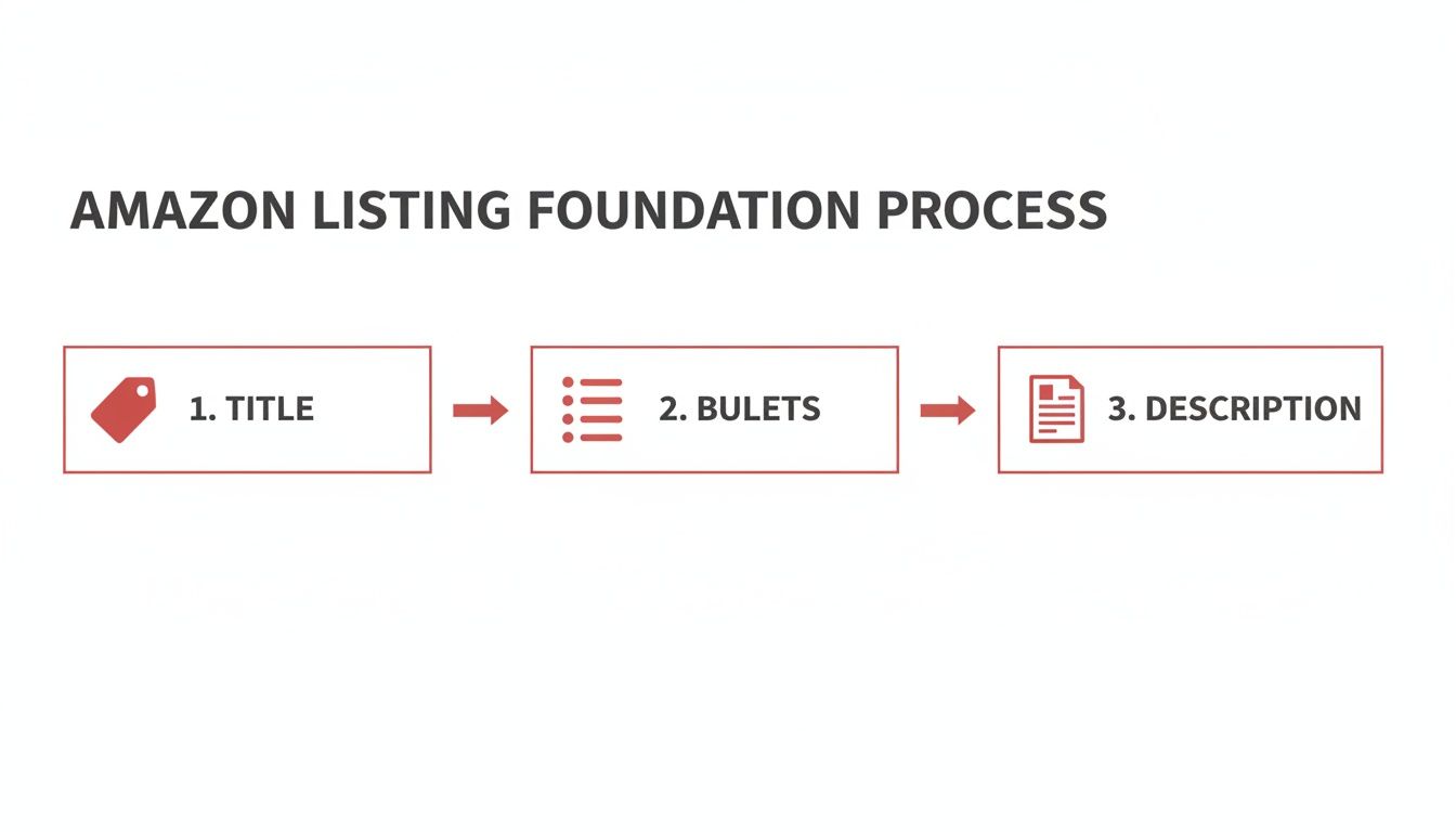 A diagram illustrating the "Amazon listing foundation process," showing steps for title, bullets, and description.