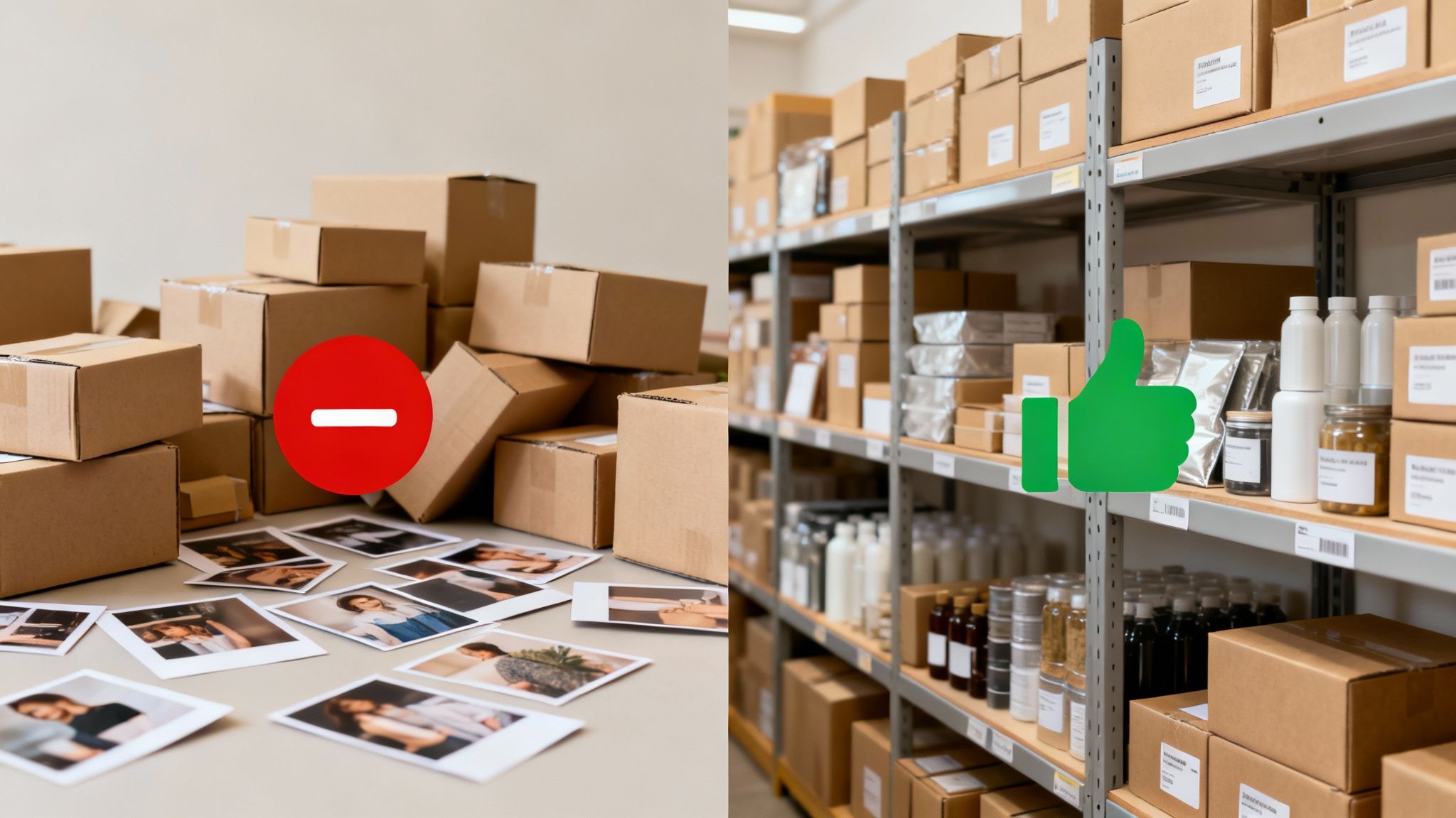 Disorganized boxes with photos contrast organized warehouse shelves with products, highlighting efficient storage.
