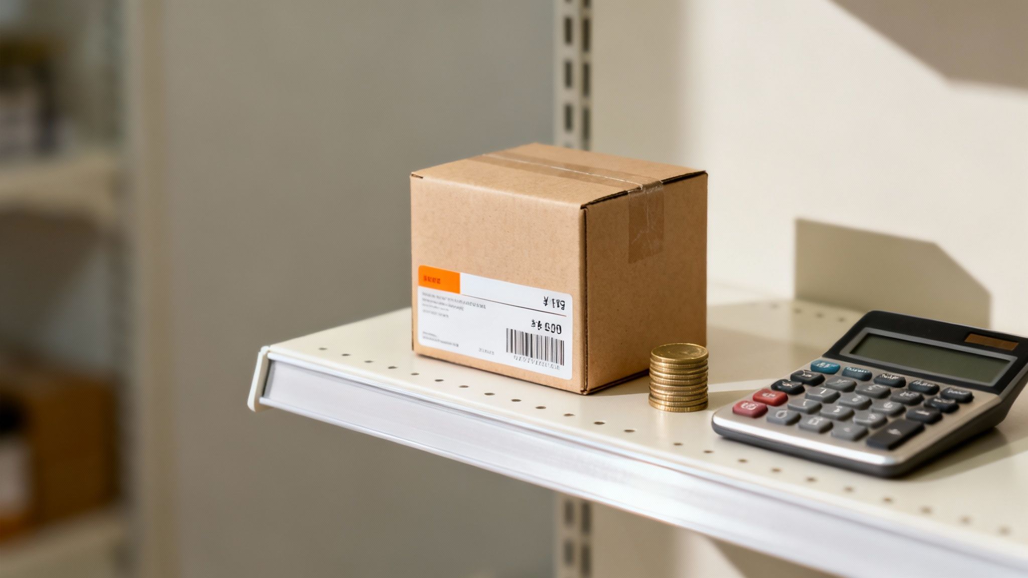 A cardboard box with a label, stacked coins, and a calculator on a retail shelf.