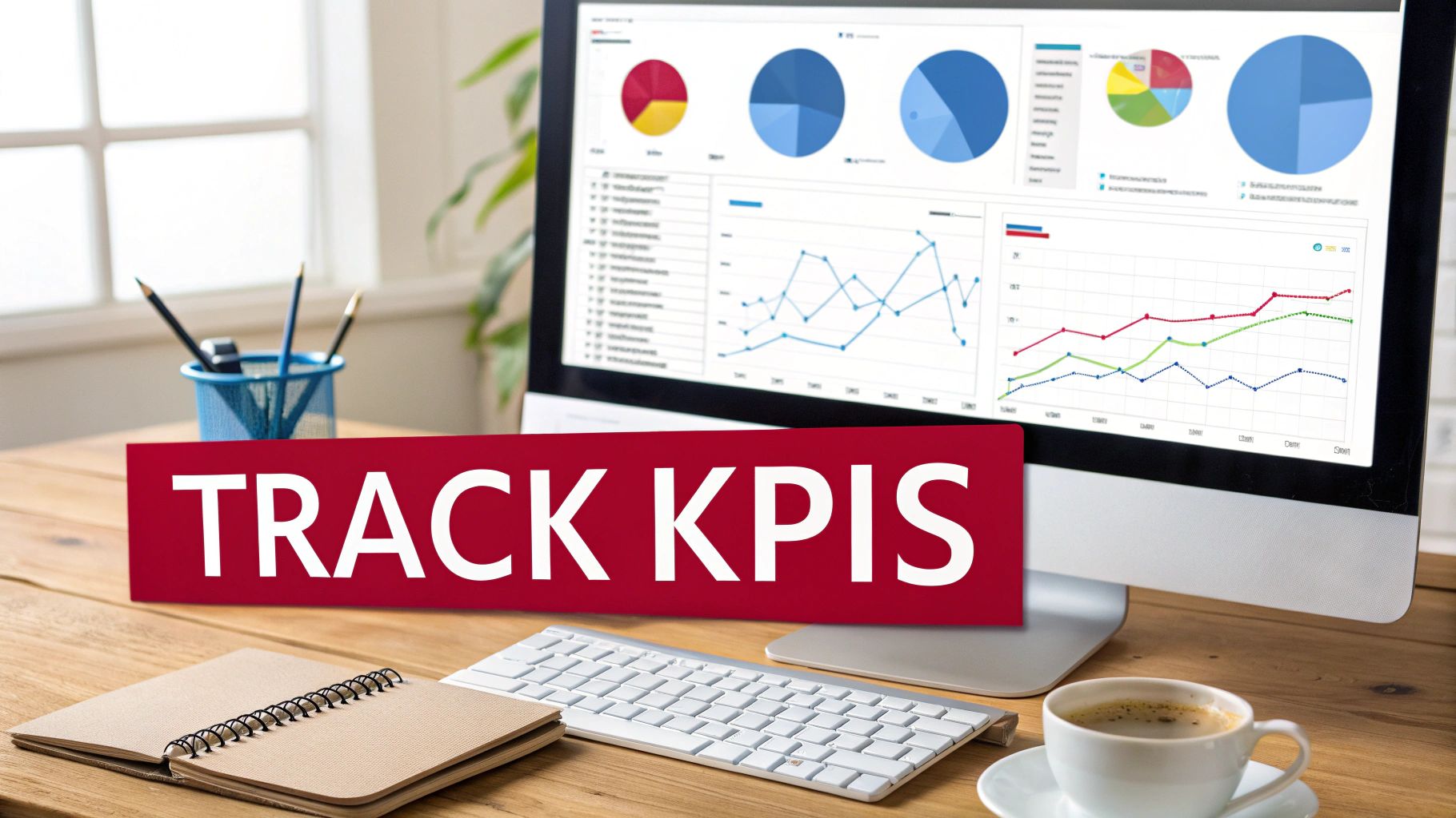 A person at a desk analyzing charts and graphs on a computer screen, representing the measurement and implementation of a business strategy.