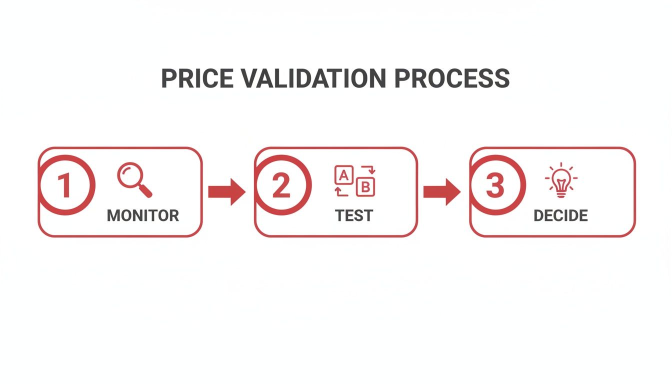 A three-step diagram illustrating a price validation process: Monitor, Test, and Decide.