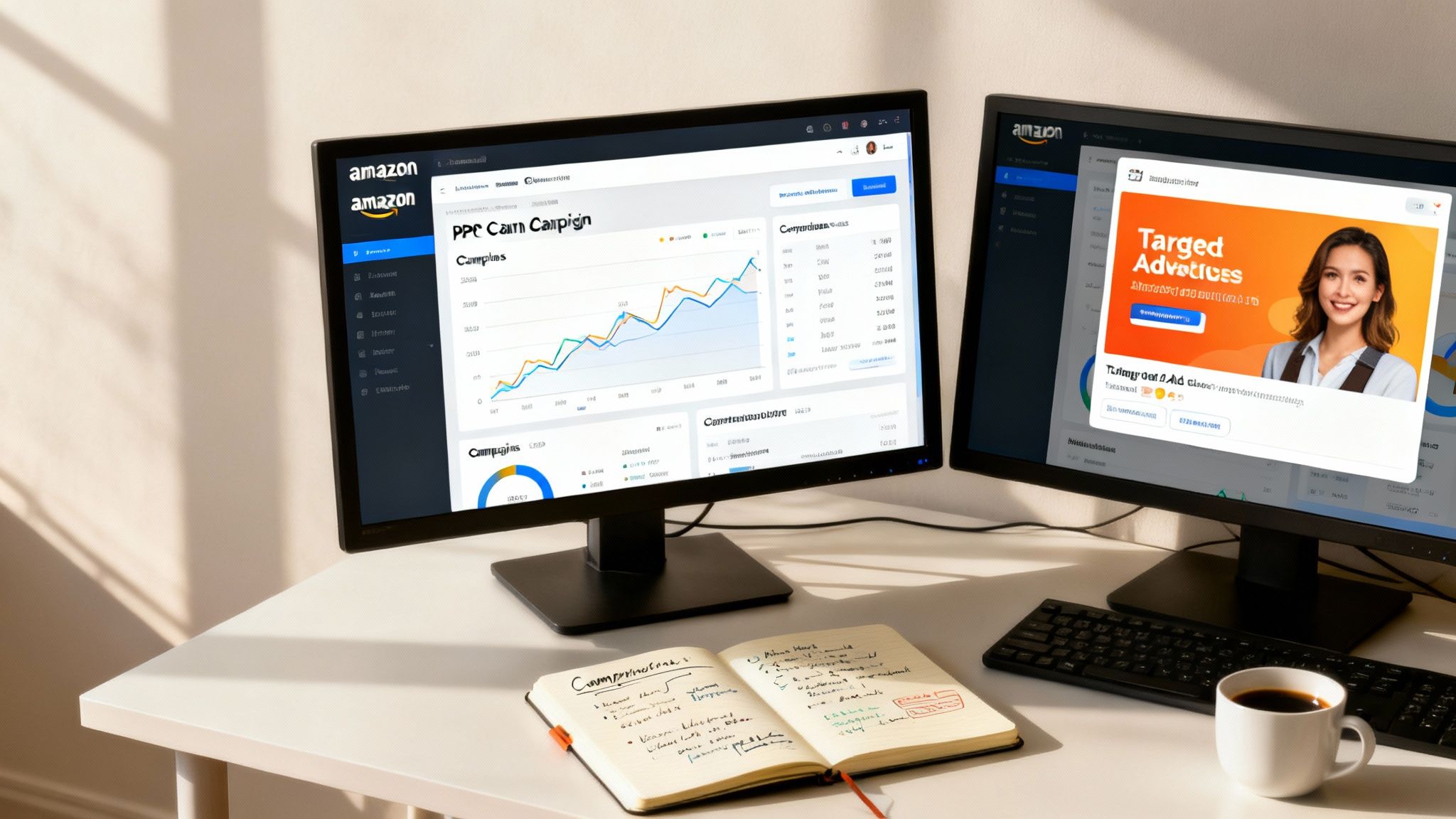 Two computer monitors on a desk displaying Amazon PPC campaign analytics and a targeted advertisement.