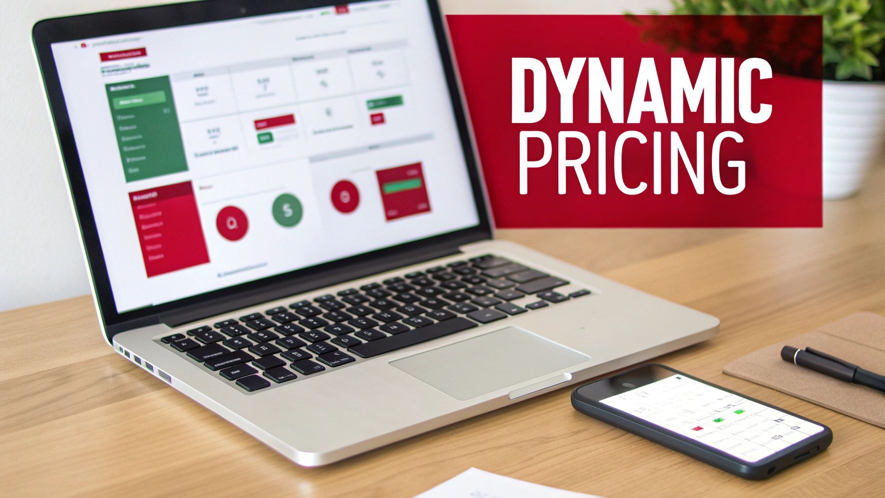 A laptop showing sales data with an Amazon box and shopping cart icon nearby, representing dynamic pricing optimization.