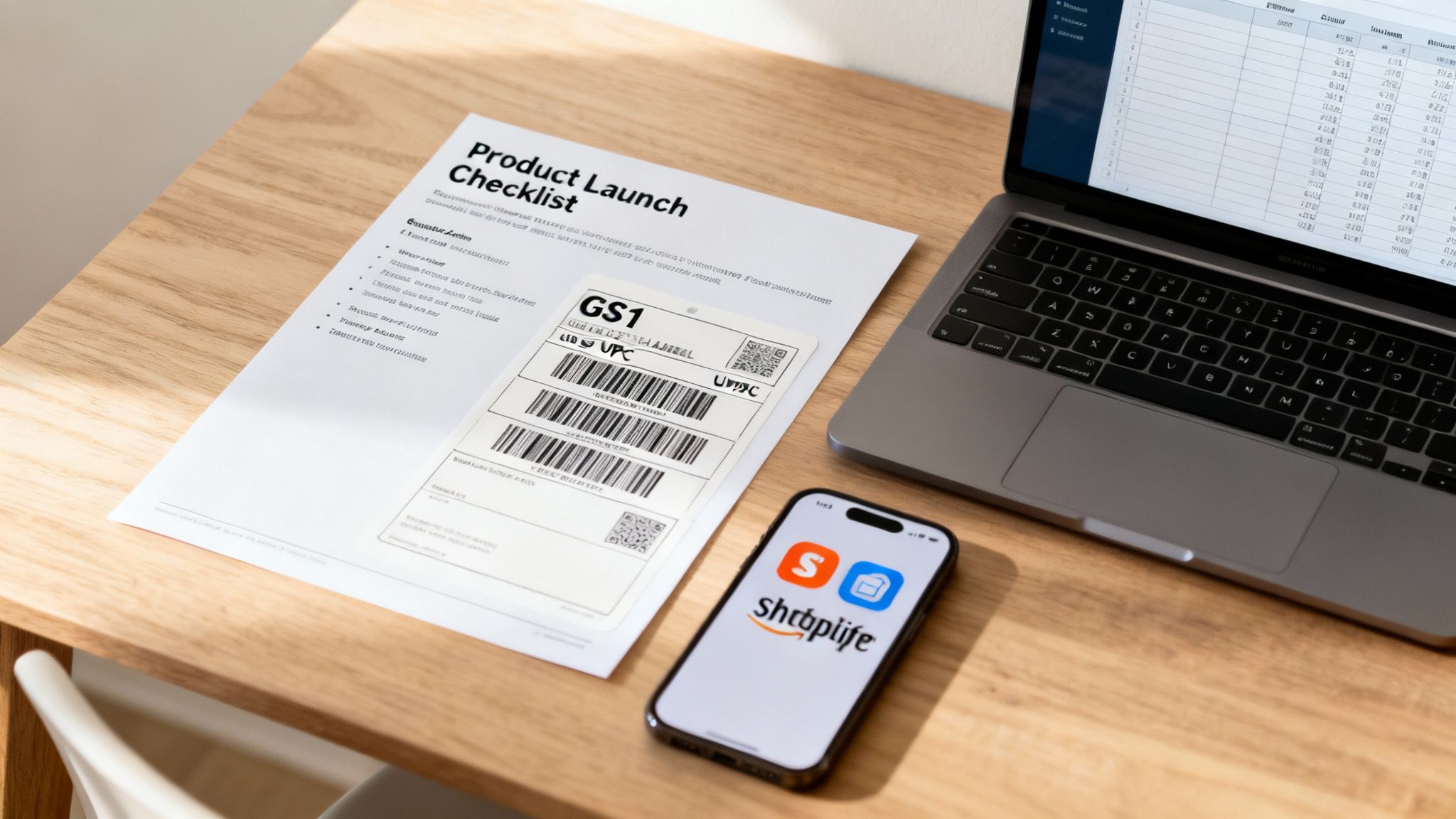 A wooden desk with a product launch checklist, laptop, and smartphone showing e-commerce apps.