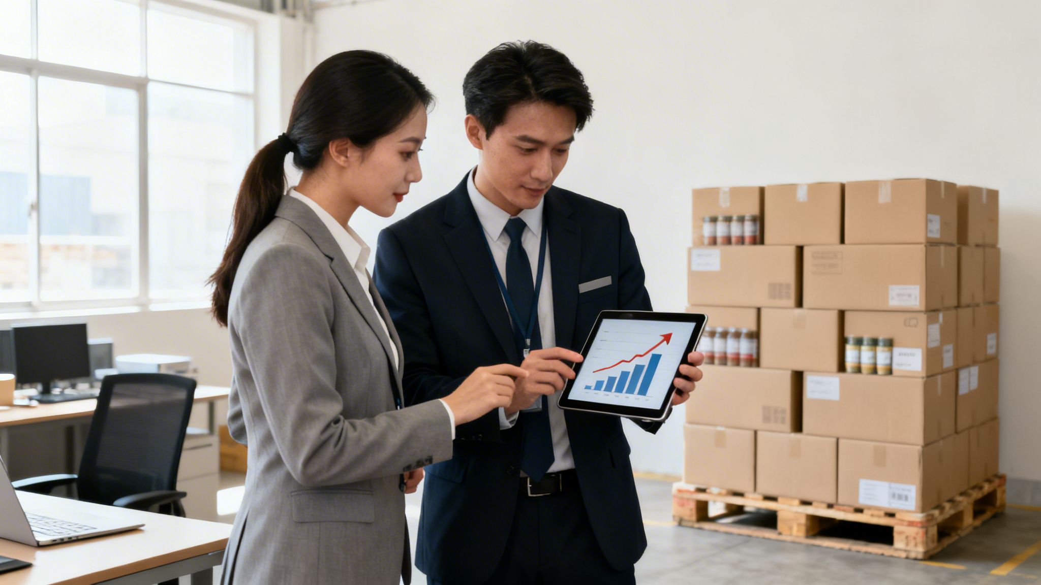 Two colleagues analyze growth statistics on a tablet with warehouse in the background.