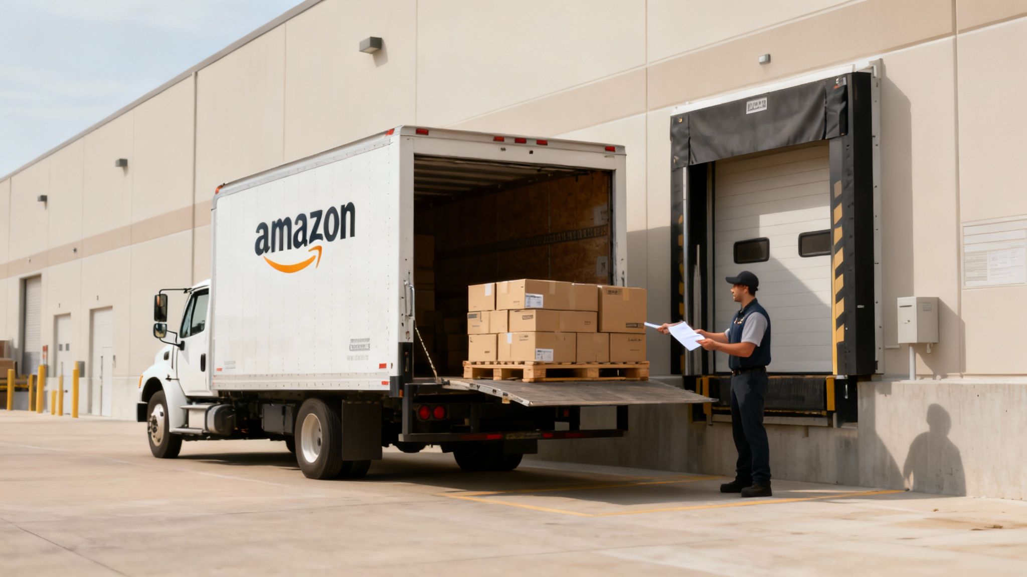 An Amazon truck at a warehouse loading dock with a worker checking inventory and boxes.