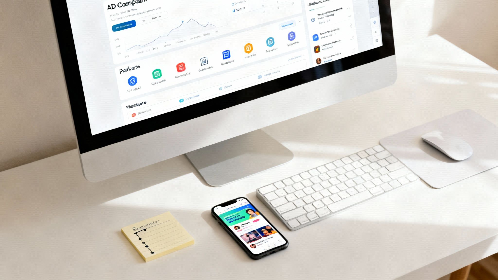A modern white desk with a computer, smartphone, keyboard, and mouse, bathed in sunlight.