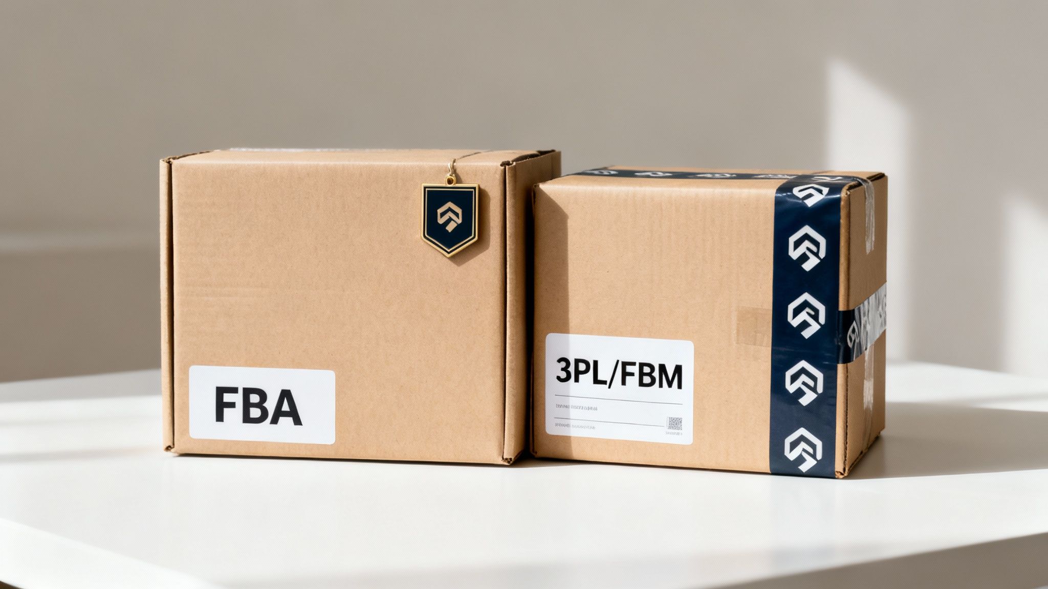 Two e-commerce fulfillment boxes, one labeled FBA and the other 3PL/FBM, on a white surface.