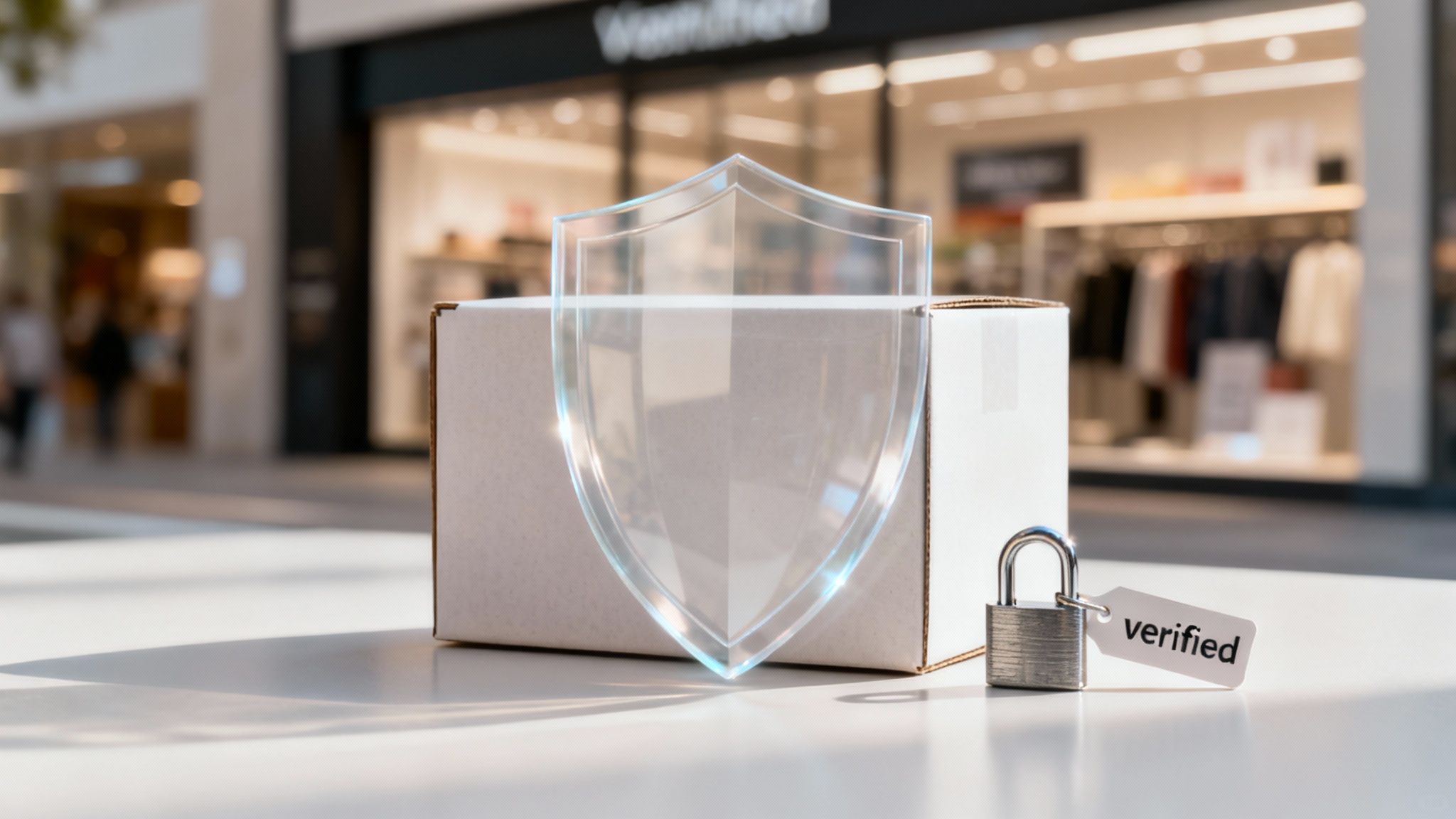 A white package with a transparent shield and a 'verified' padlock, symbolizing secure online shopping and delivery.