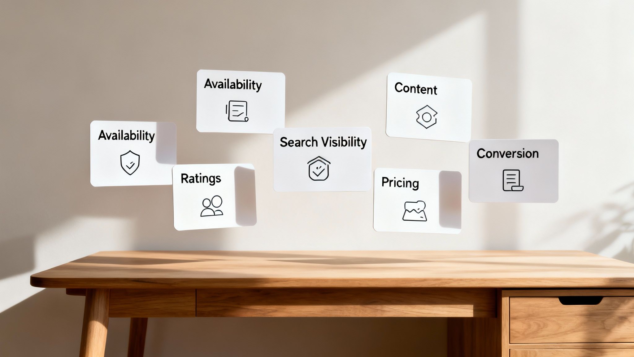 Floating cards showing digital shelf analytics factors: availability, ratings, search visibility, content, pricing, and conversion.