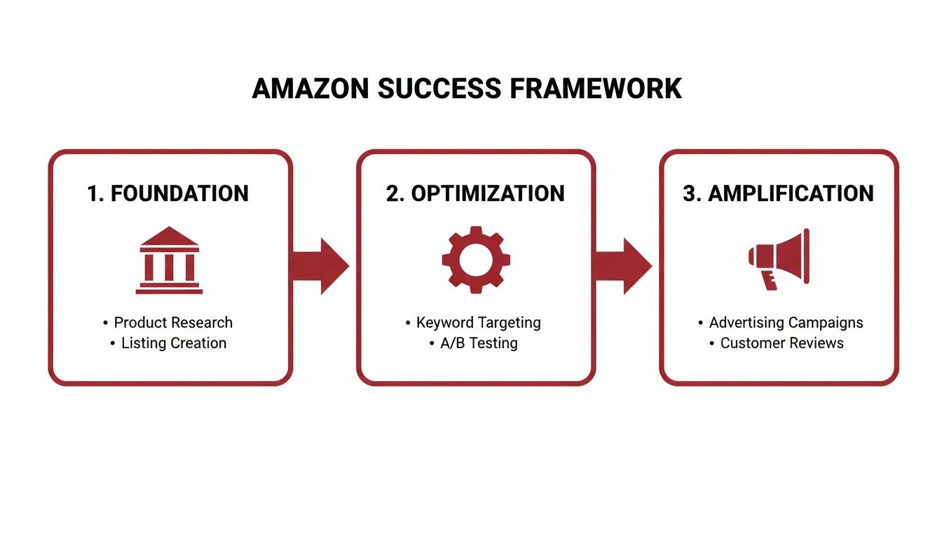 A step-by-step framework for Amazon success, covering foundation, optimization, and amplification stages.