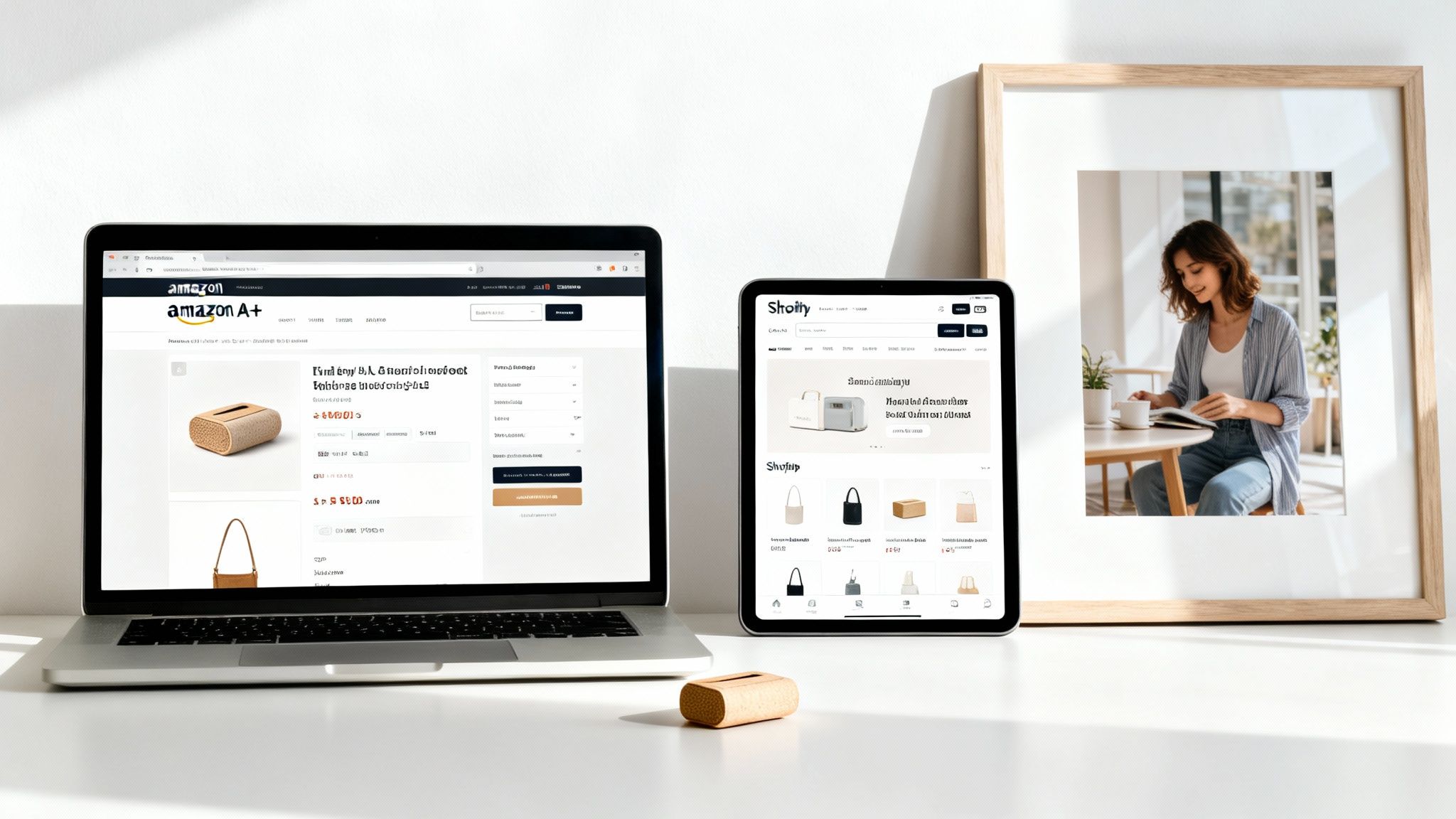Two screens display e-commerce websites (Amazon and Shopify) next to a framed picture of a woman reading.