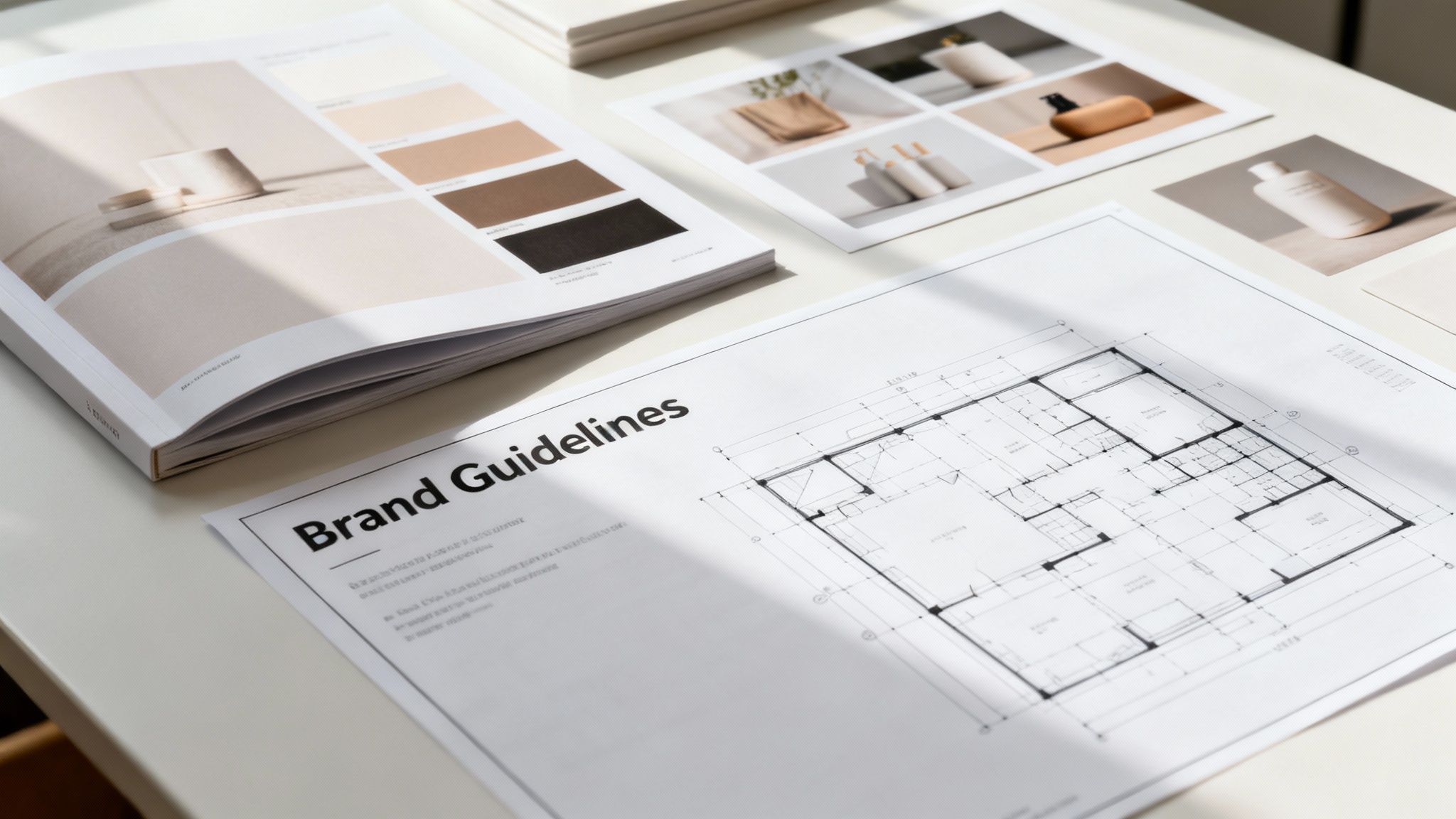 A creative workspace featuring brand guidelines, product photography, color palettes, and architectural blueprints.