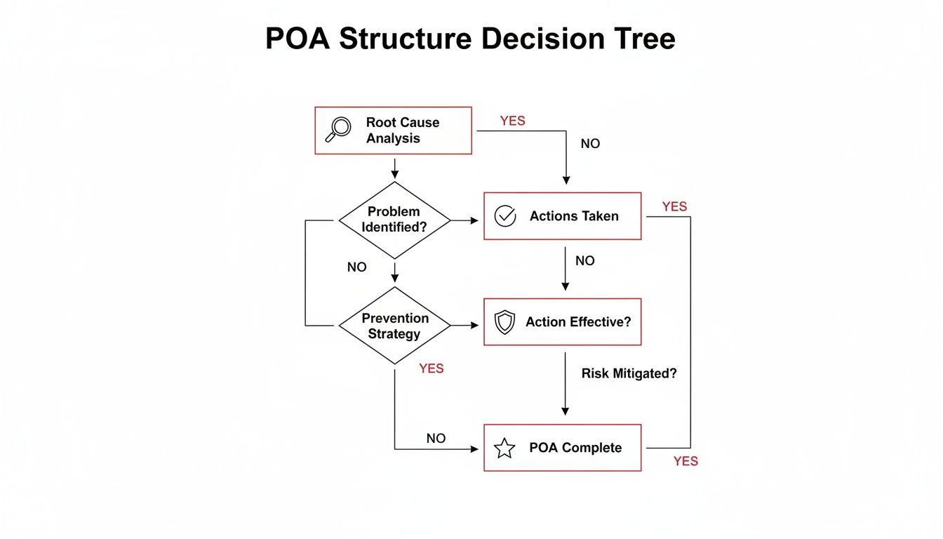 Decision tree flowchart illustrating the Plan of Action (POA) structure, from analysis to completion and risk mitigation.