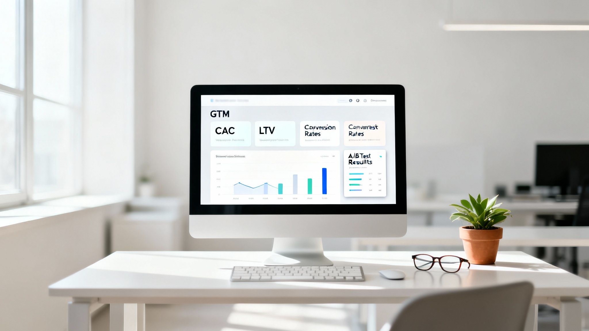 A modern computer screen on an office desk displays a Go-To-Market (GTM) strategy dashboard with various metrics.