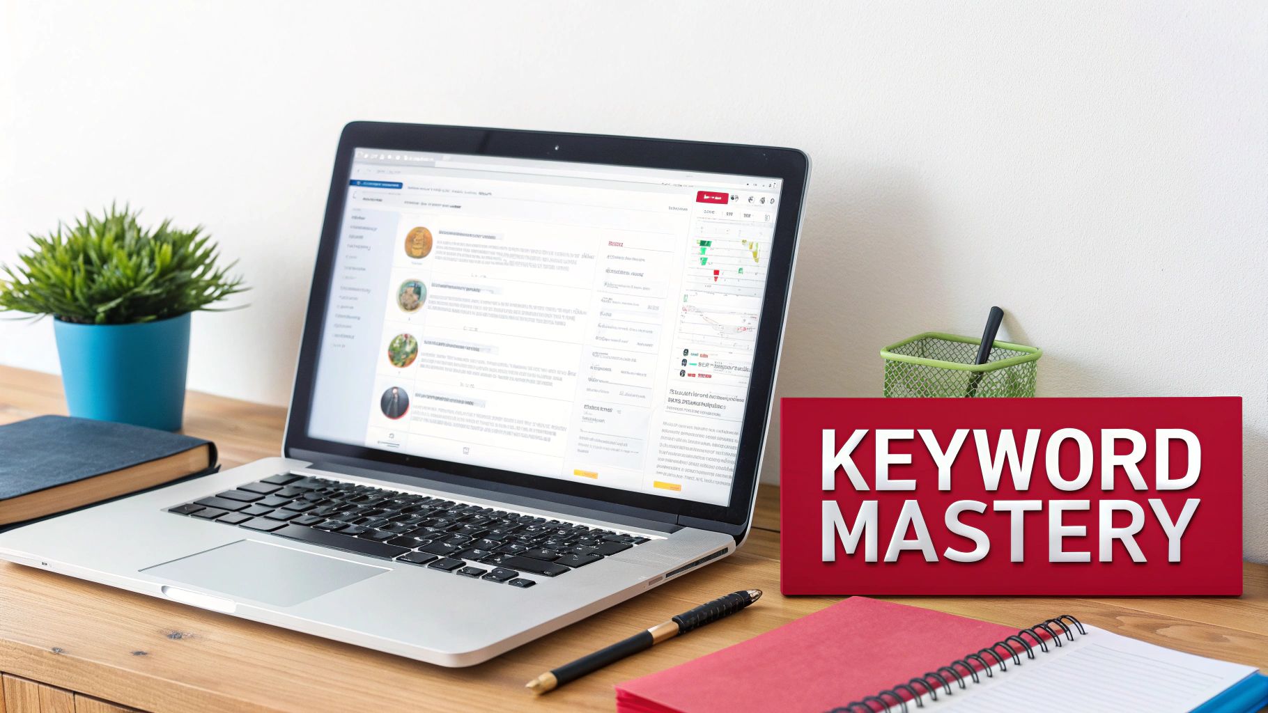 A person at a desk analyzing keyword data on a laptop for Amazon product optimization.