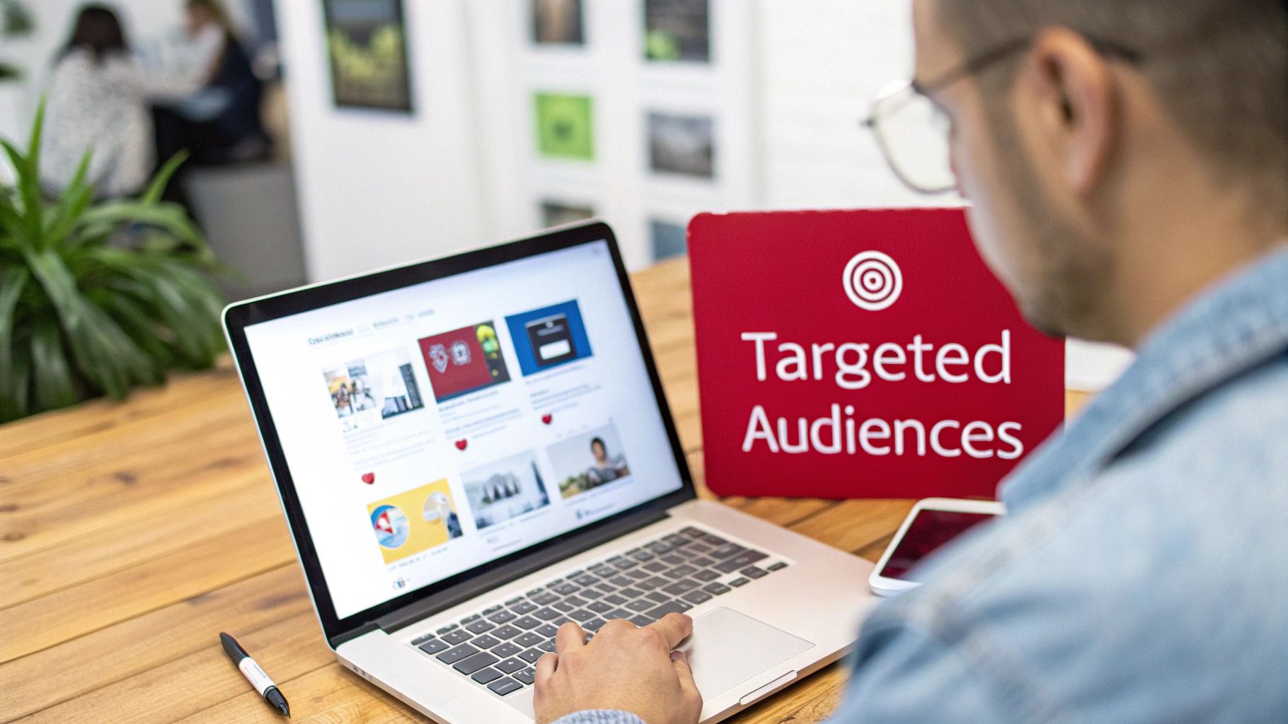 A person on a tablet, with icons representing different ad channels and customer data points floating around them.