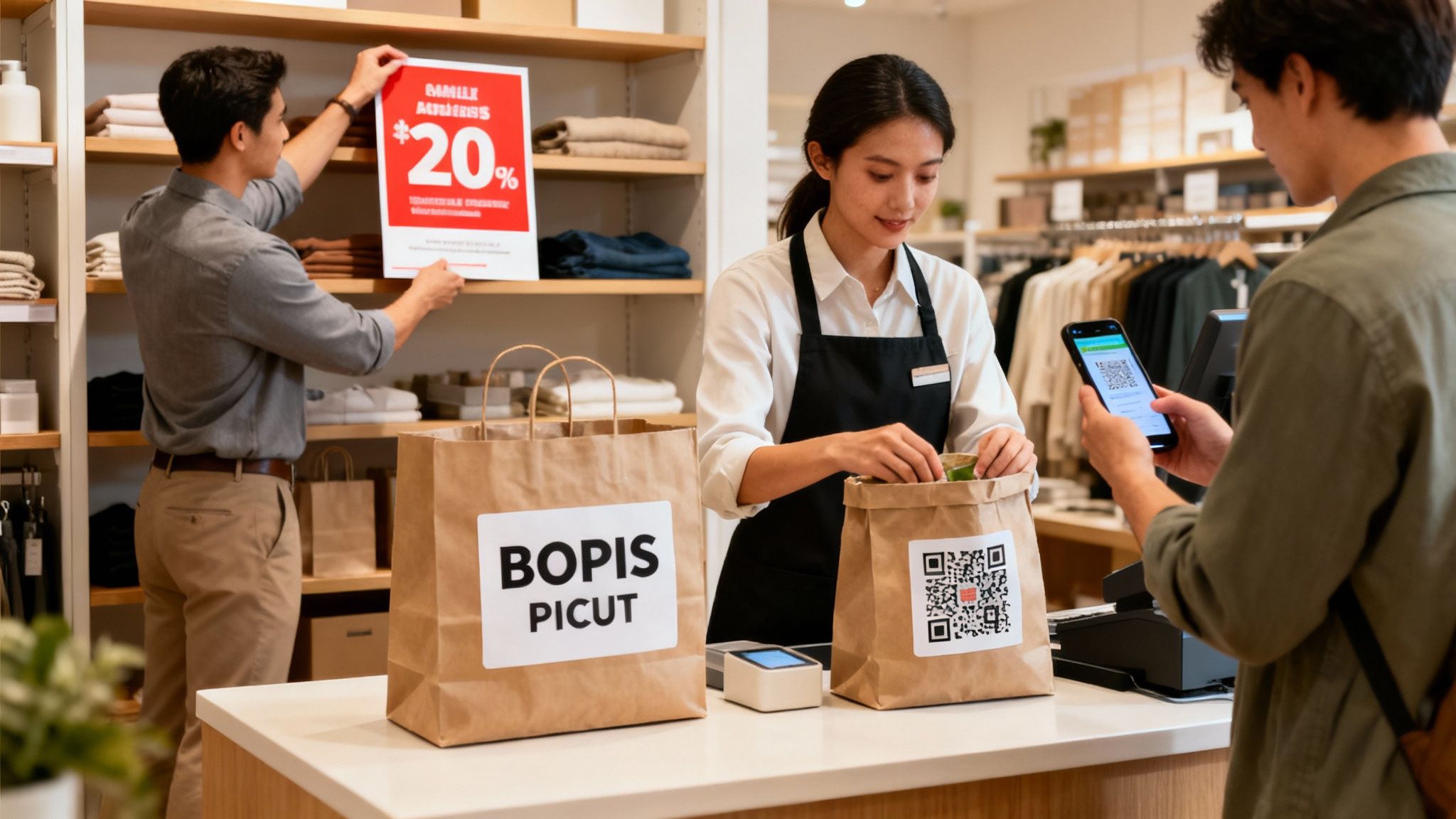 Retail store staff and customer engage in sales, mobile payment, and promotion displays.