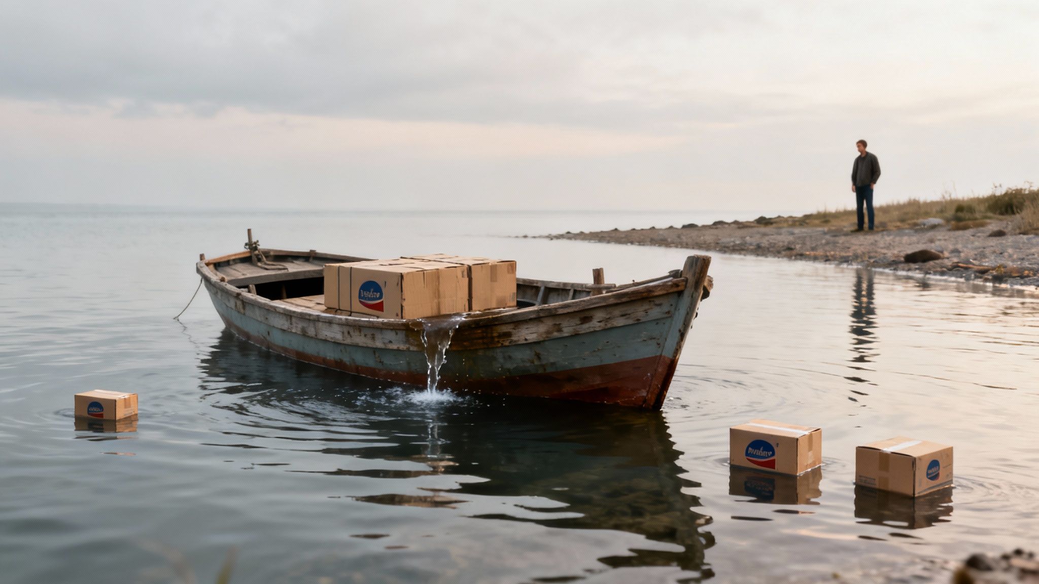 Cardboard boxes spill from a sinking boat in calm water as a man stands on the shore.