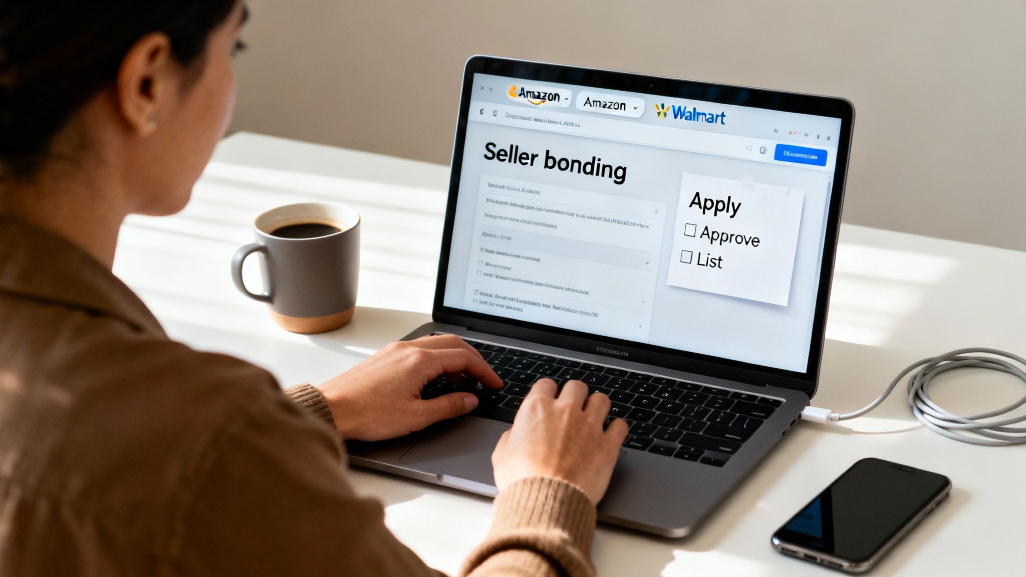 Person working on a laptop showing a 'Seller bonding' page with Amazon and Walmart logos.