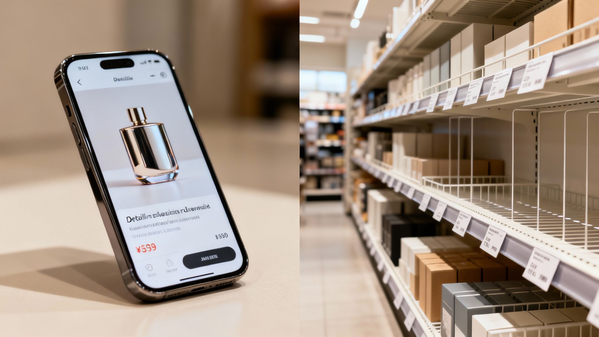 A smartphone displays an online shopping app with a perfume bottle next to retail store shelves.