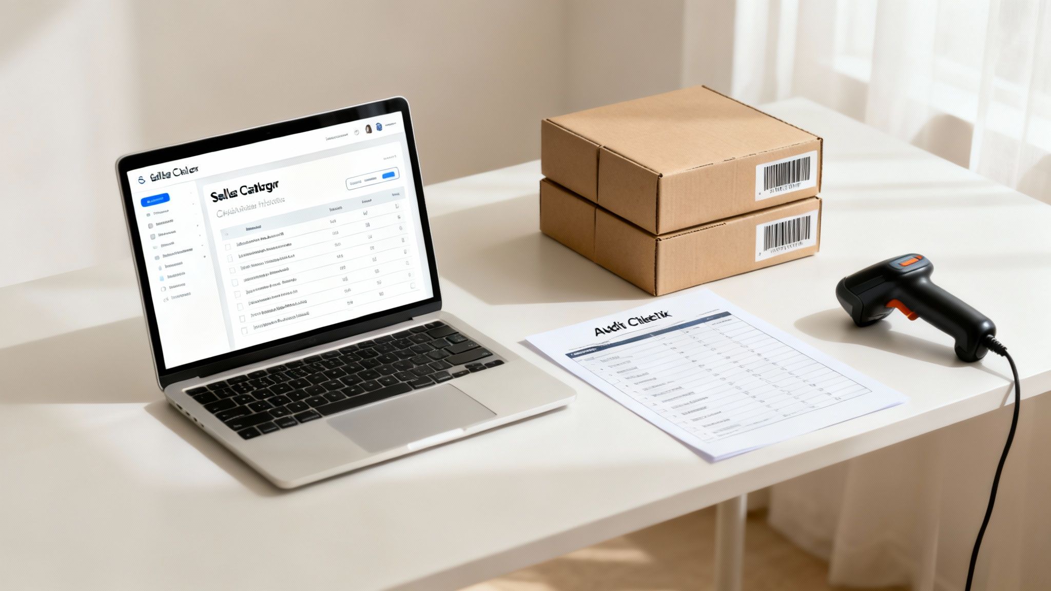 E-commerce desk setup with a laptop showing inventory management, a barcode scanner, and shipping boxes.