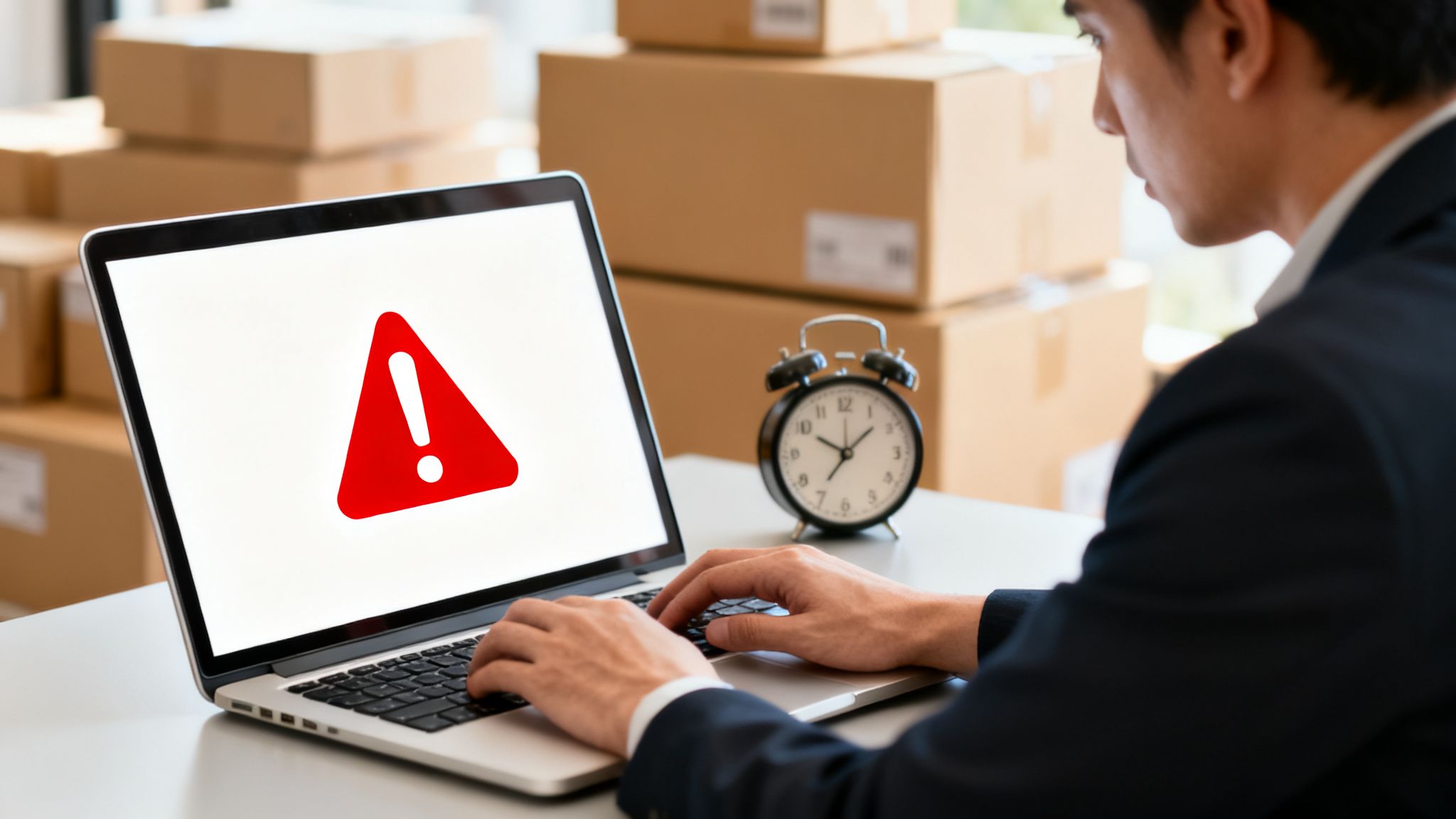 Businessman typing on laptop with a red warning sign on screen, surrounded by shipping boxes and an alarm clock.