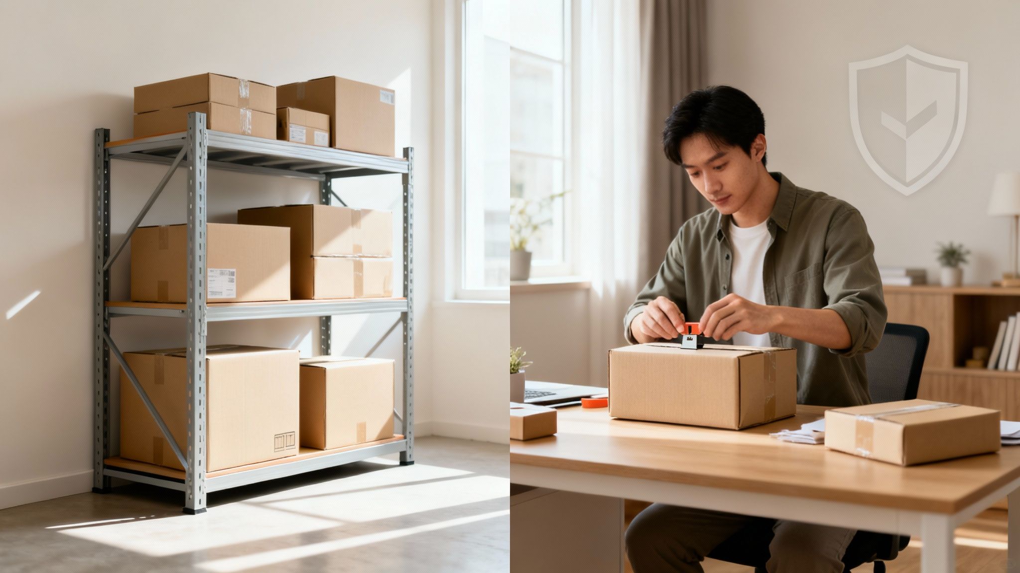 A young man packs e-commerce orders at a desk, with inventory on shelves nearby.